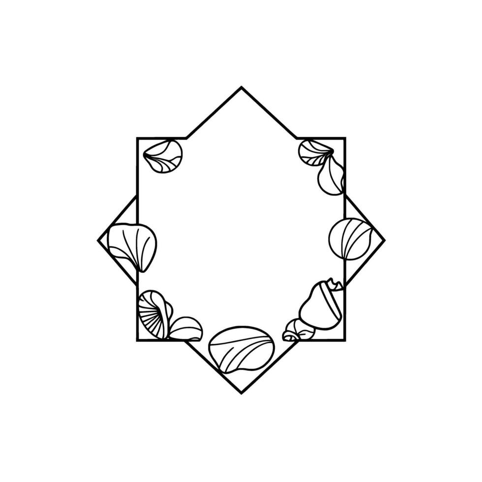 Elegant Geometric Frame with Floral and Seashell Elements. Perfect for invitations cards and other decorative projects. Simple stylish and natureinspired artwork. vector