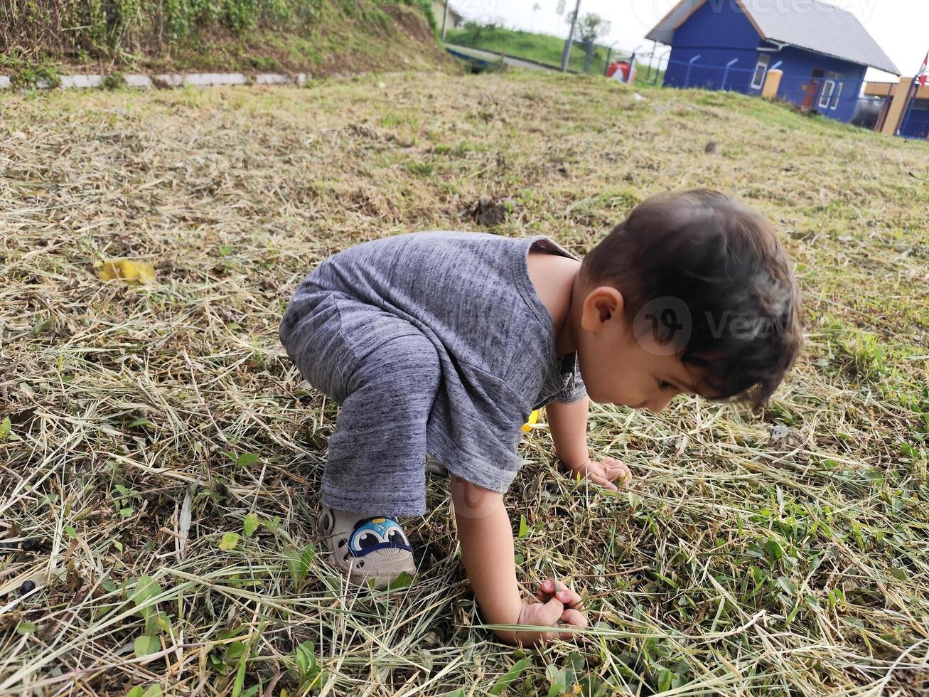 Smiling Asian Kid Running and Playing on Lawn in Front of House photo