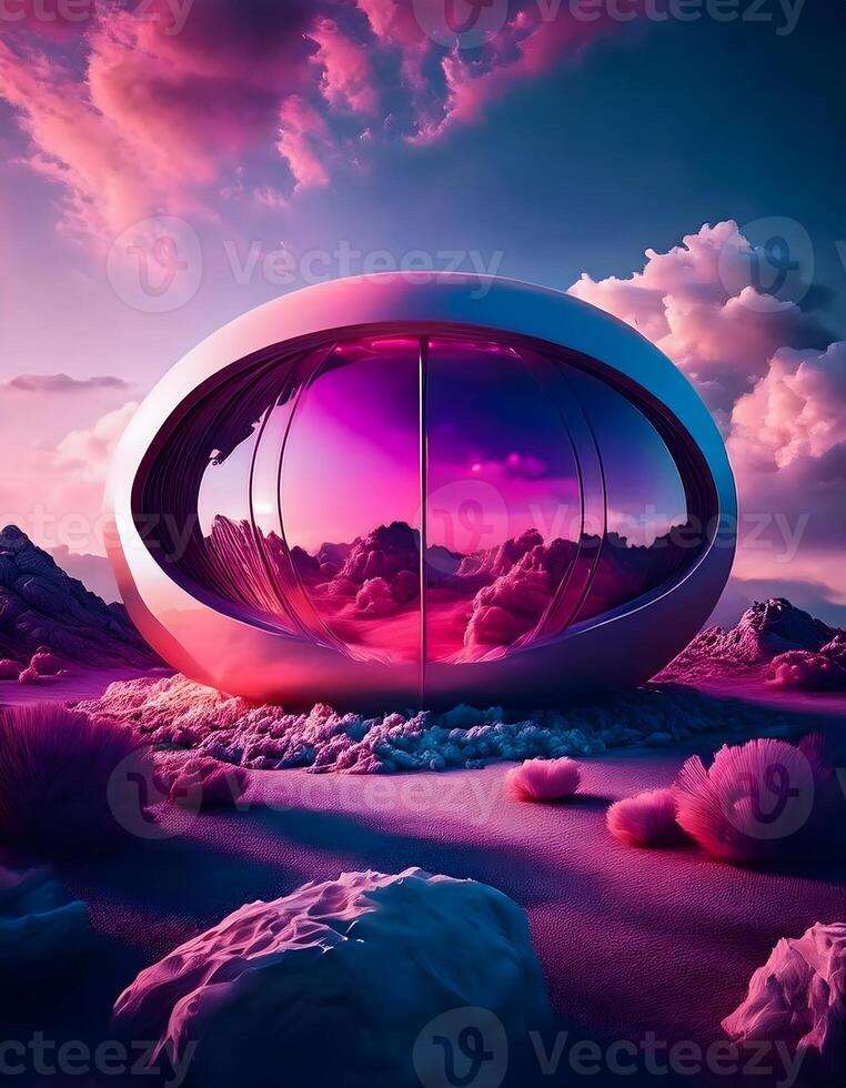 A Fusion of Futuristic Design and Rocky Desert with Pink Highlights photo