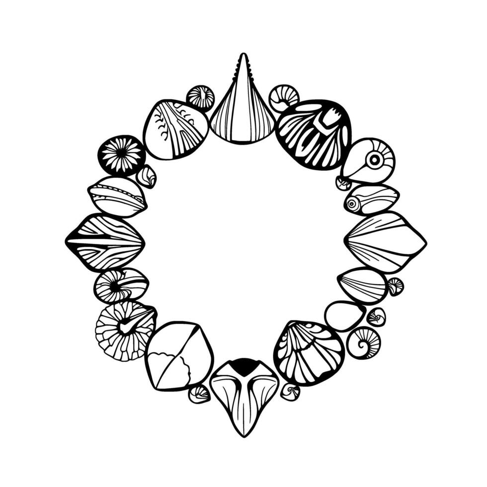 Seashell Circle Frame. Black and White Ocean Art Print. Decorative Summer Beach Nature Illustration. Graphic for Home Decor Wall Art and More. vector