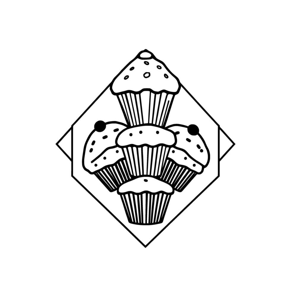 A delightful illustration of four muffins artistically arranged within a geometric frame perfect for bakery logos menus or culinary websites. vector