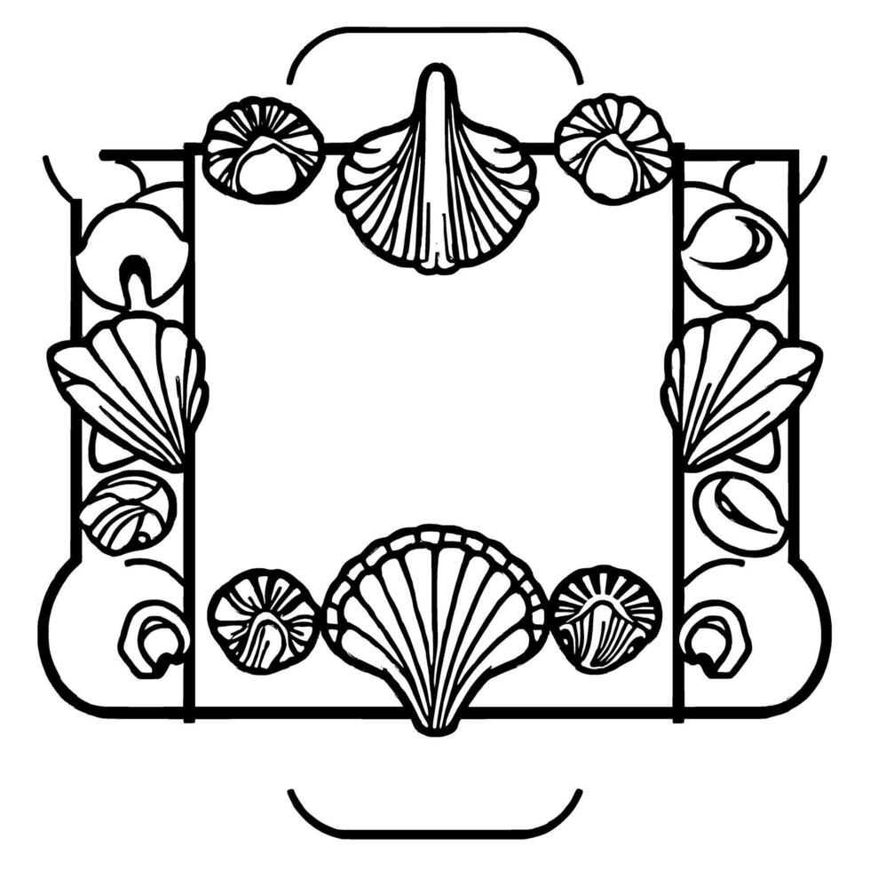 Seashell Frame. A Nautical Summer . Black and white illustration of seashells creating a decorative frame perfect for summer themes beach designs or coastalinspired projects. vector