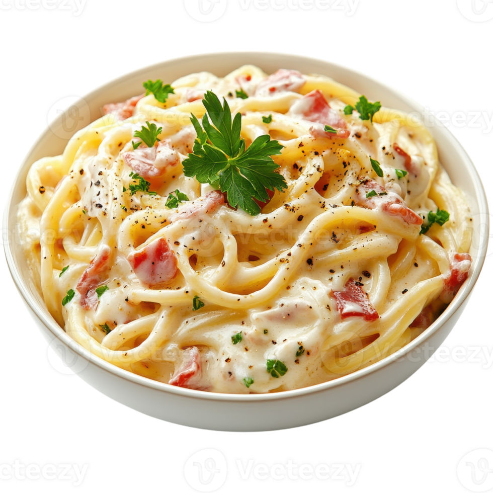 Savory Spaghetti Carbonara With Fresh Herbs and Creamy Sauce, on the transparent Background. Format png