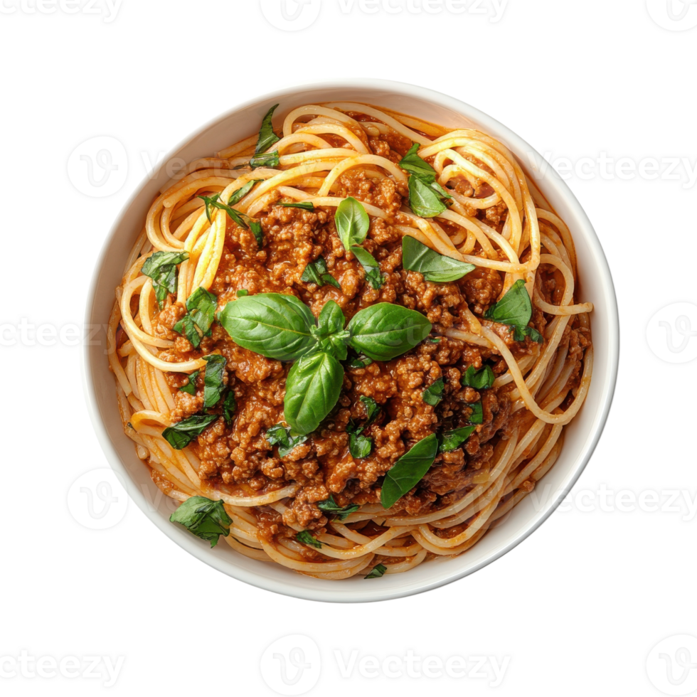 Savory Spaghetti Bolognese Garnished With Fresh Basil, on the transparent Background. Format png