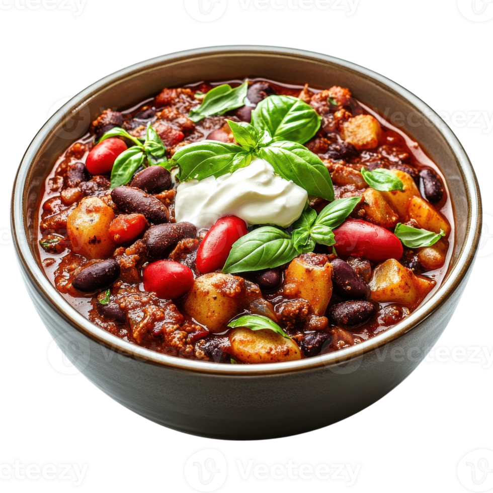 Savor the Flavor of Spicy Chili With Sour Cream and Basil, on the transparent Background. Format png