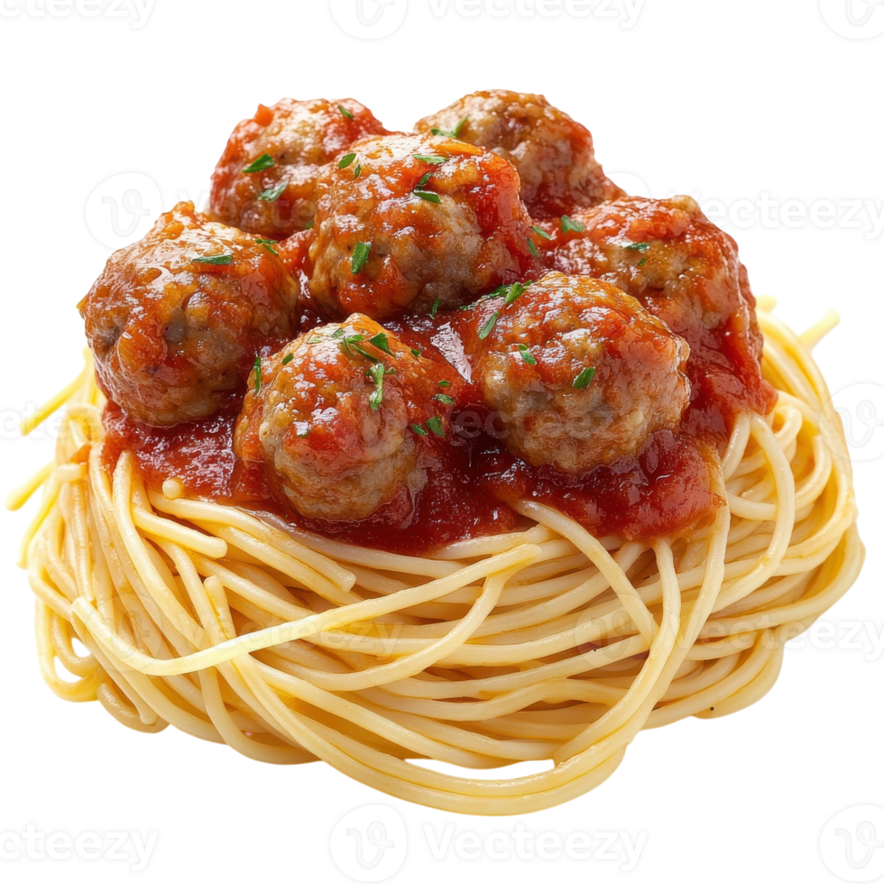 Delicious Spaghetti With Meatballs in Rich Tomato Sauce, on the transparent Background. Format png
