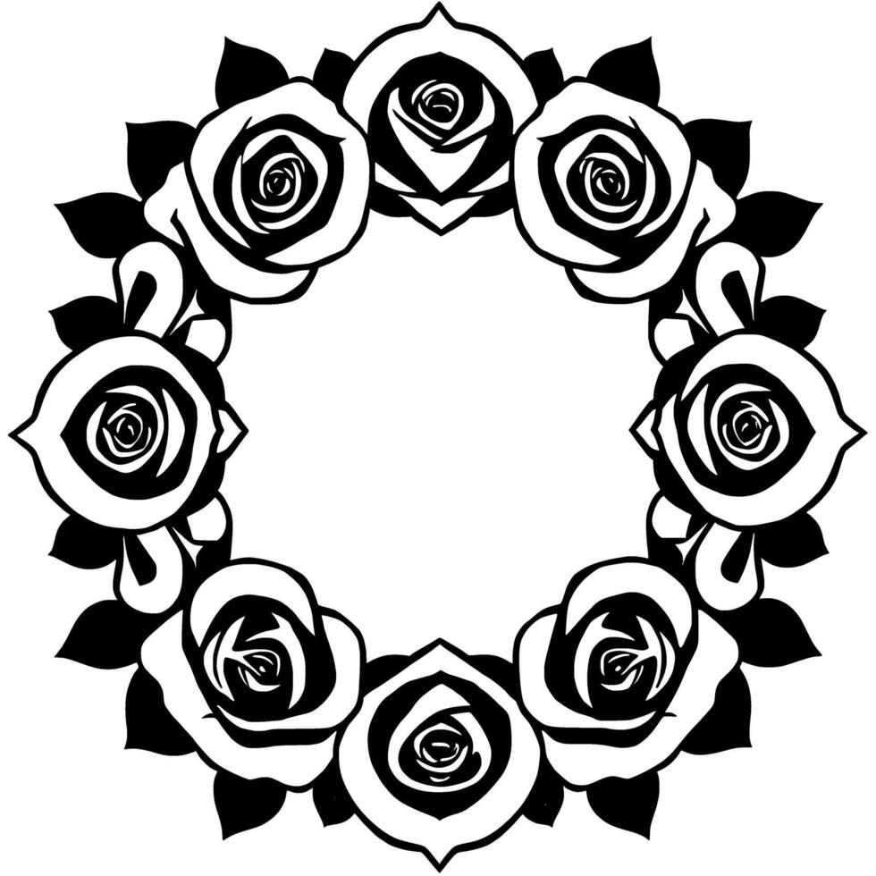 Elegant Monochrome Rose Wreath. Black and White Floral Circle Frame for Projects vector