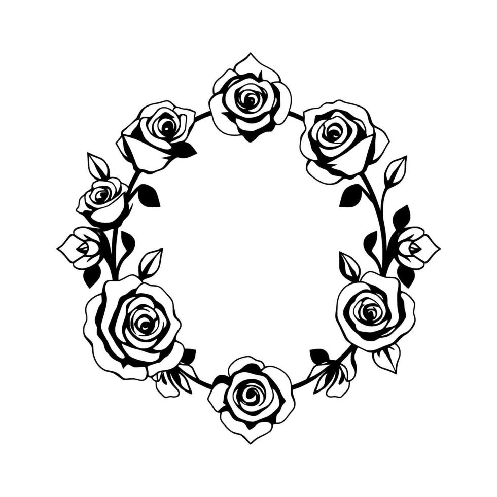 Elegant Monochrome Rose Wreath. A Vintage Floral Frame for Romantic Designs and Classic Illustrations. Perfect for adding a touch of beauty and elegance to your projects. vector