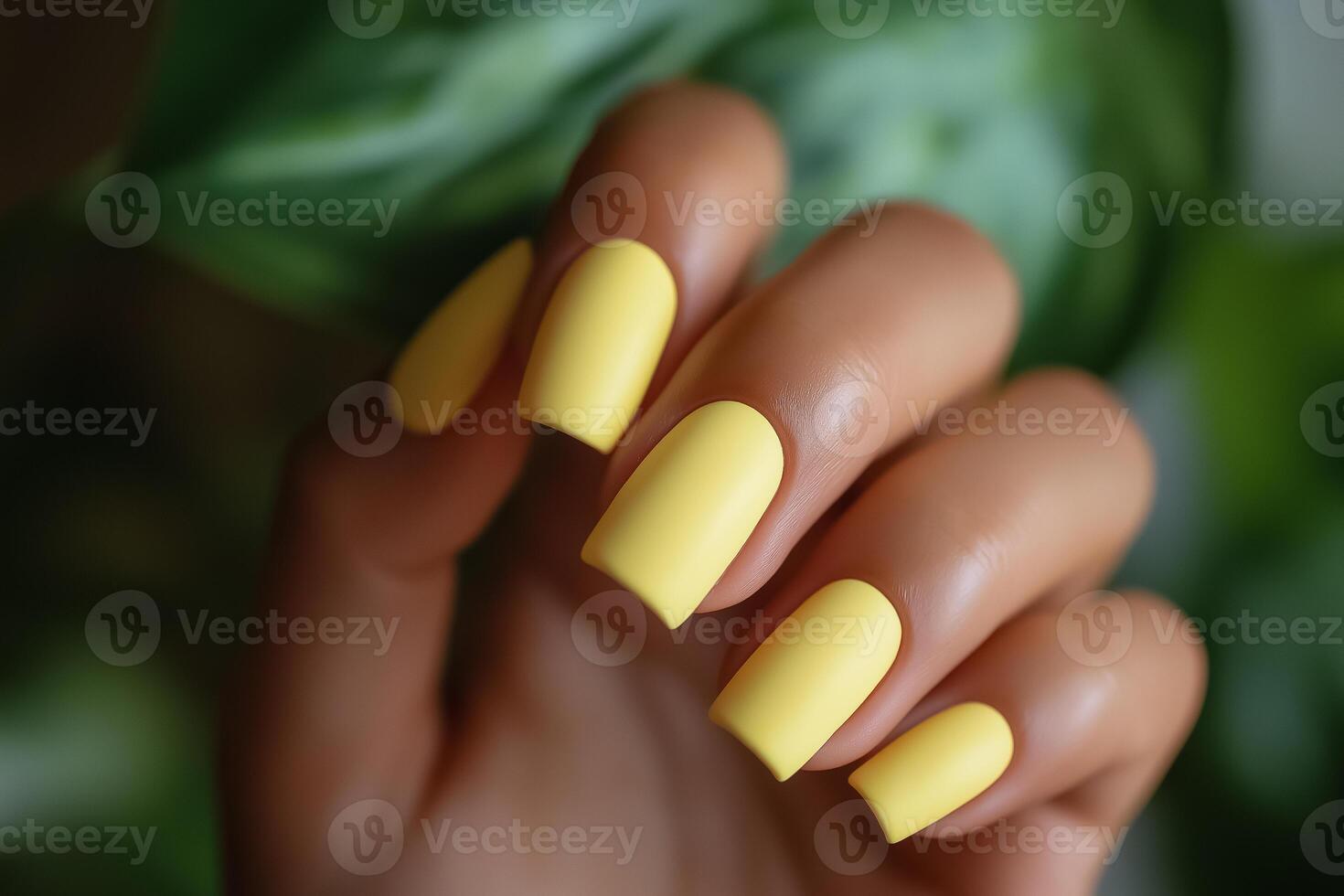 A woman's hand with yellow nails holding a yellow nail polish photo