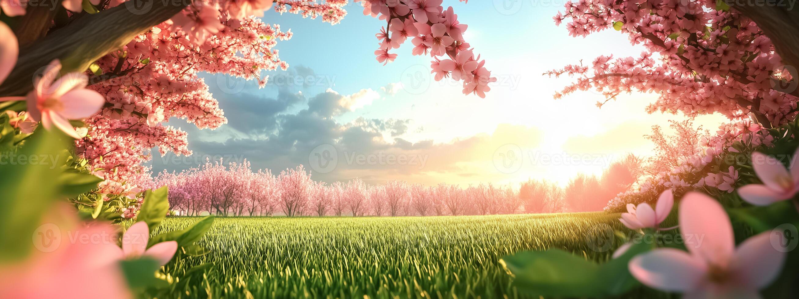 A beautiful field with pink flowers and trees photo