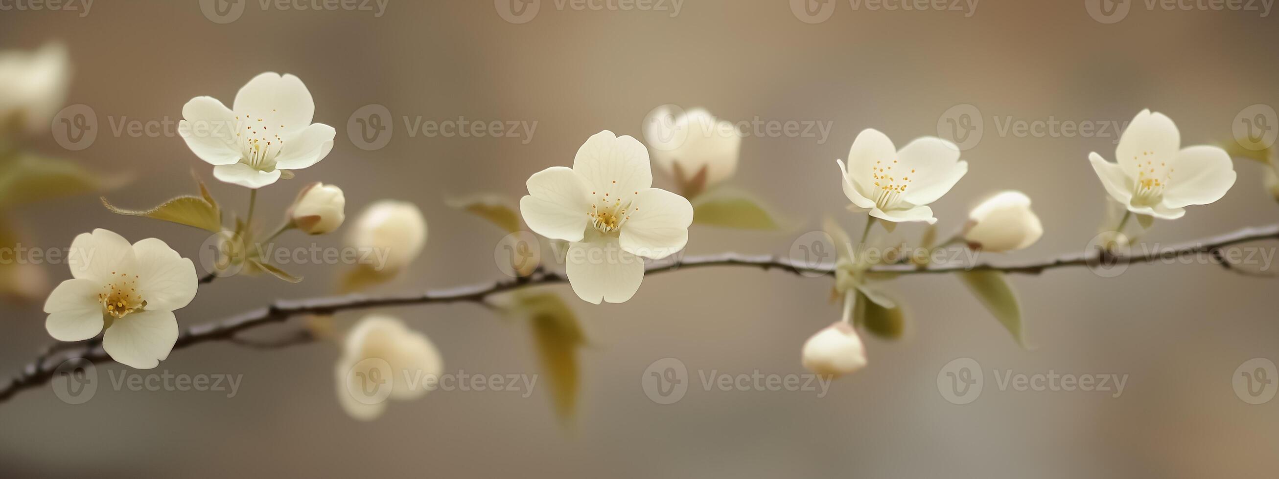 White flowers on a branch with blurred background photo