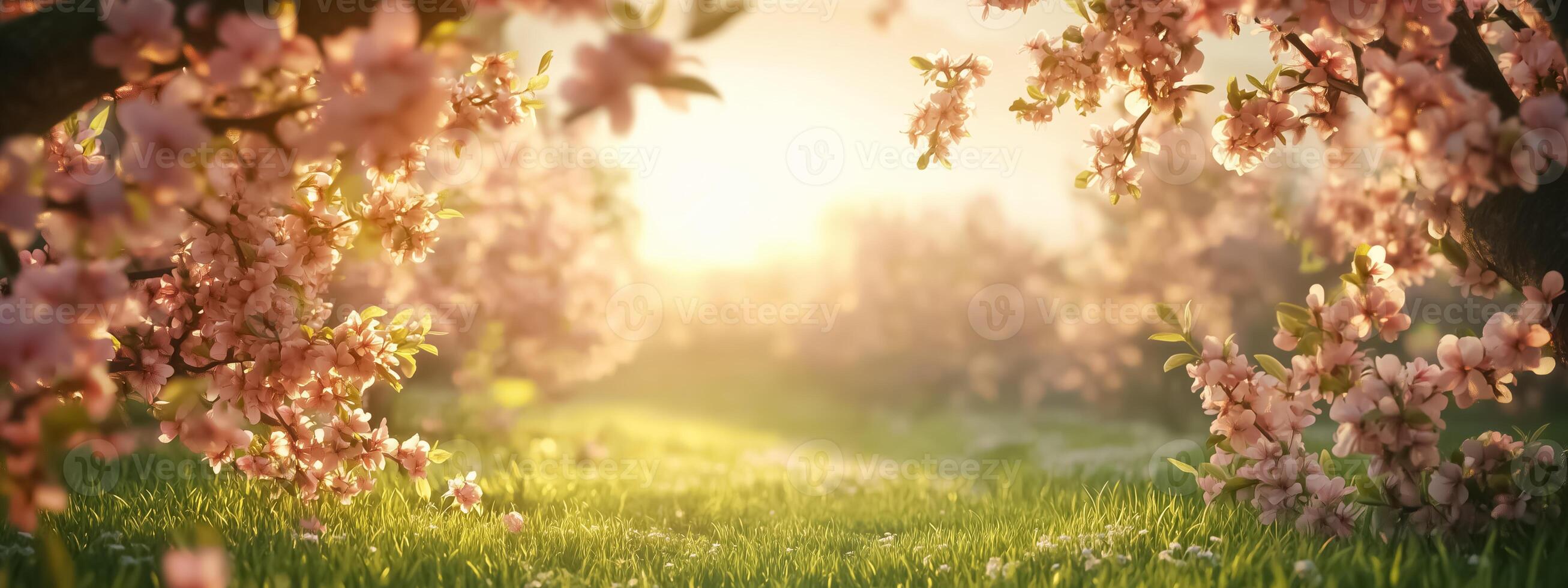 A field with pink flowers and trees in the background photo