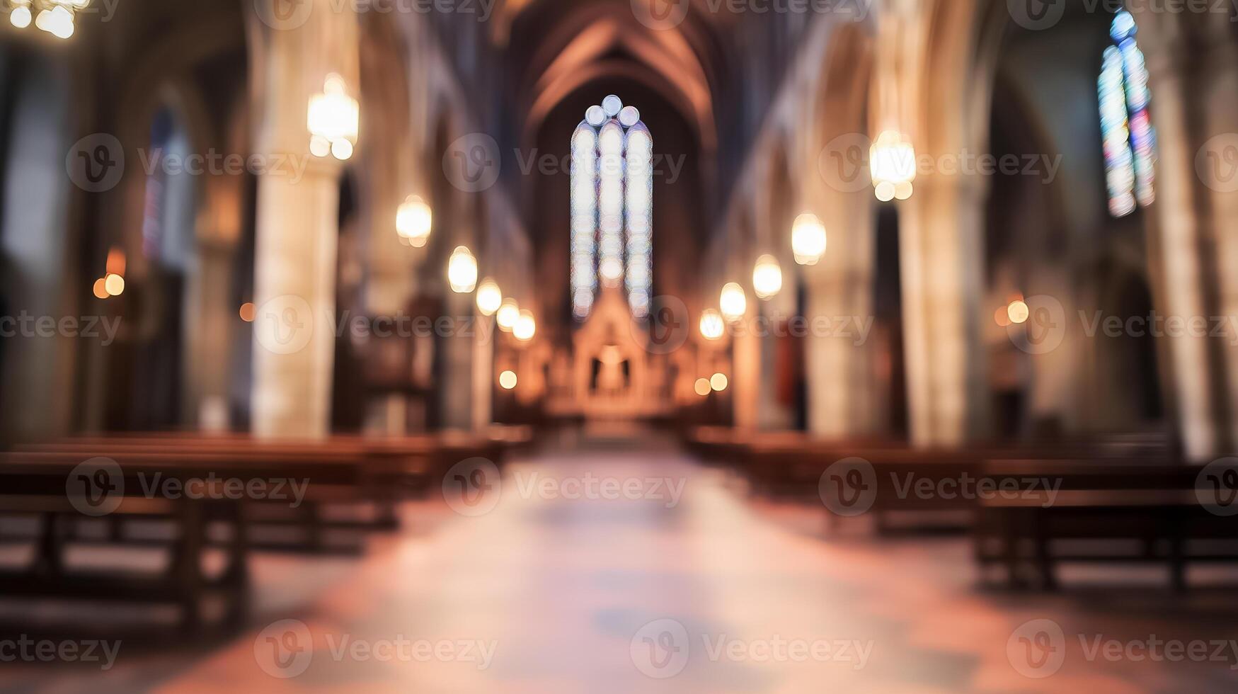 Blurred church interior with wooden pews and stained glass windows photo