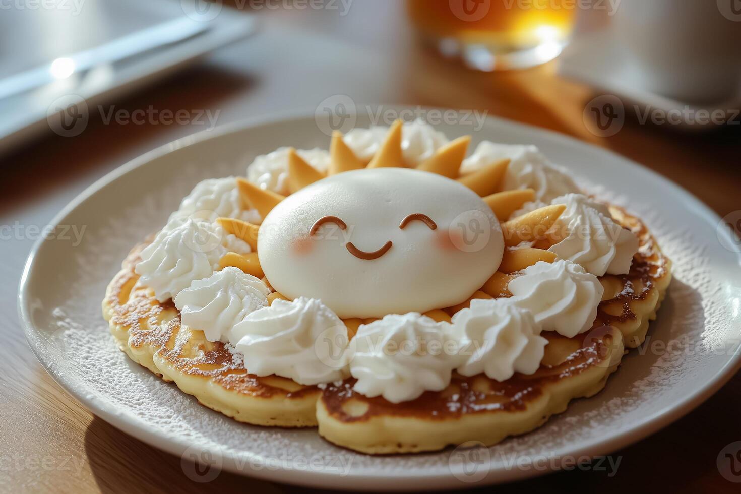 A white plate topped with a pancake decorated with whipped cream and a smiley face photo