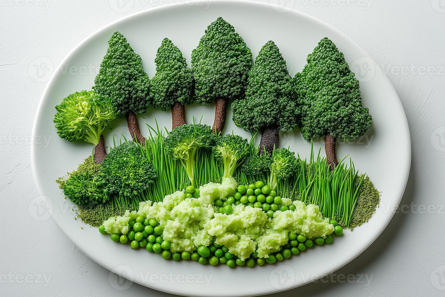A plate with broccoli, peas and trees photo