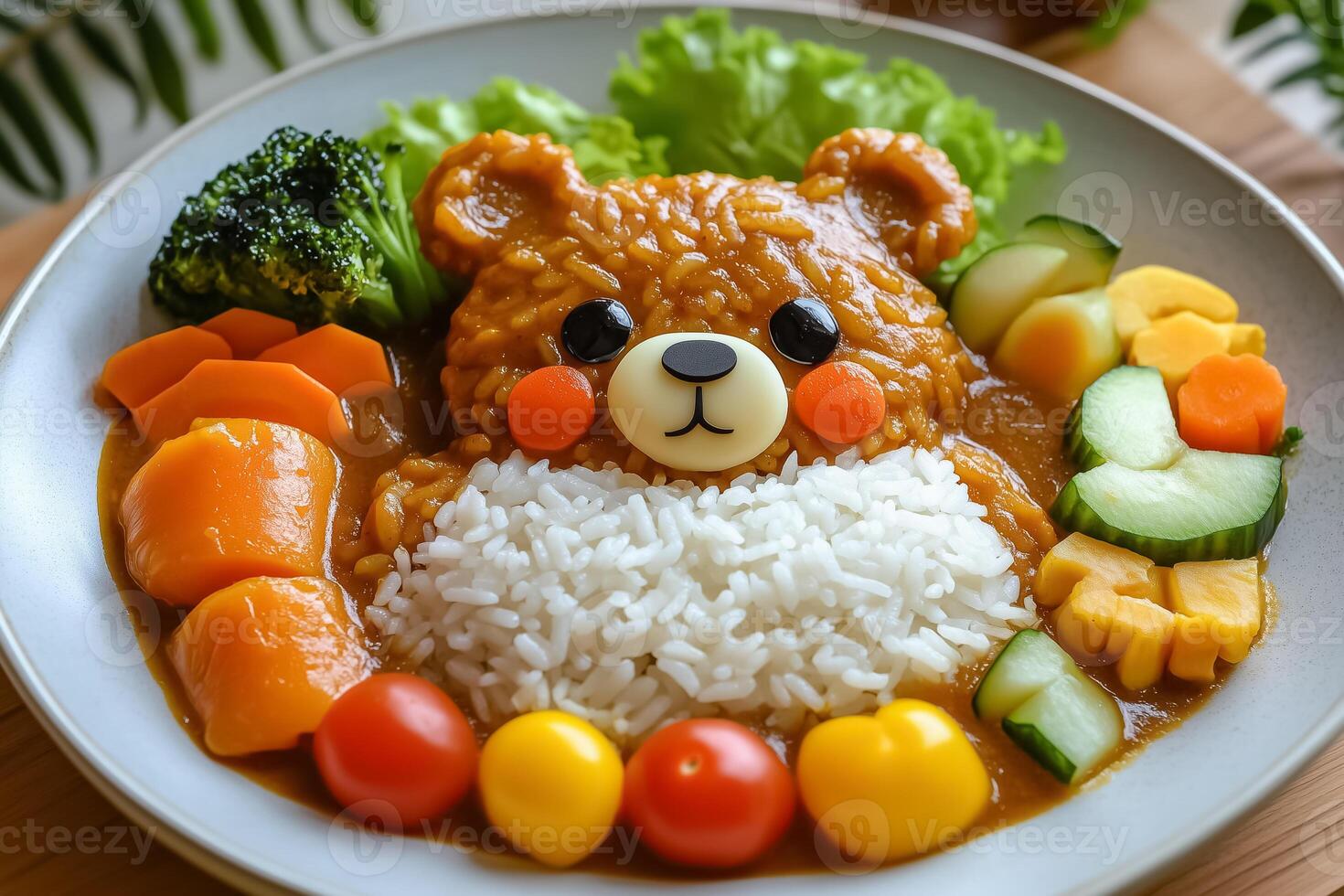 A plate of rice and vegetables with a bear face on it photo