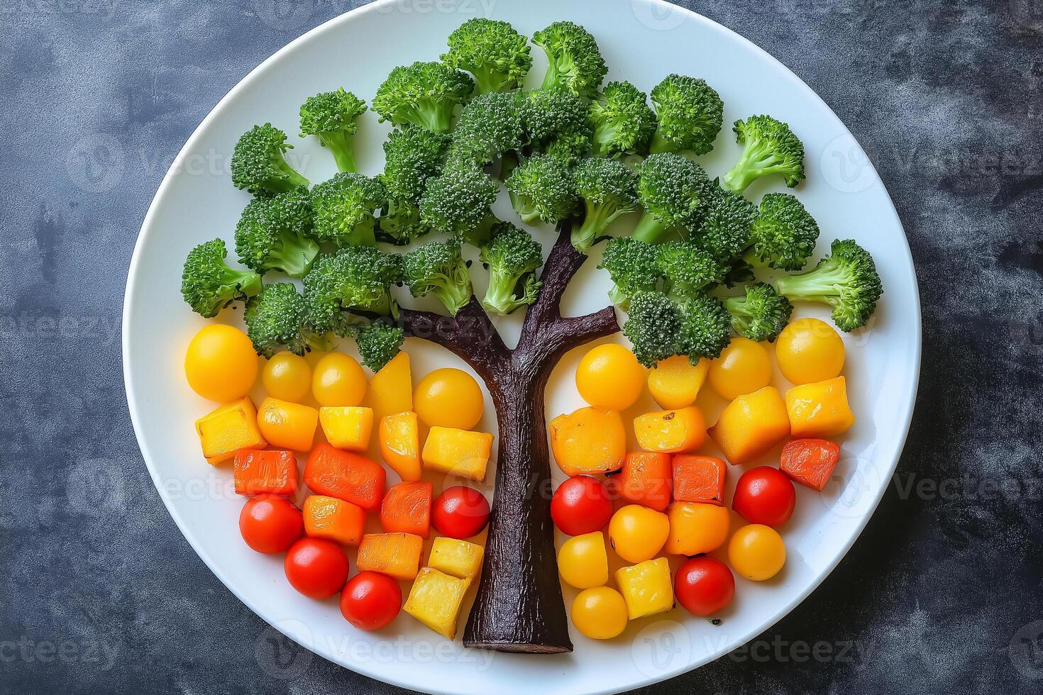 A plate with broccoli, tomatoes and a tree photo