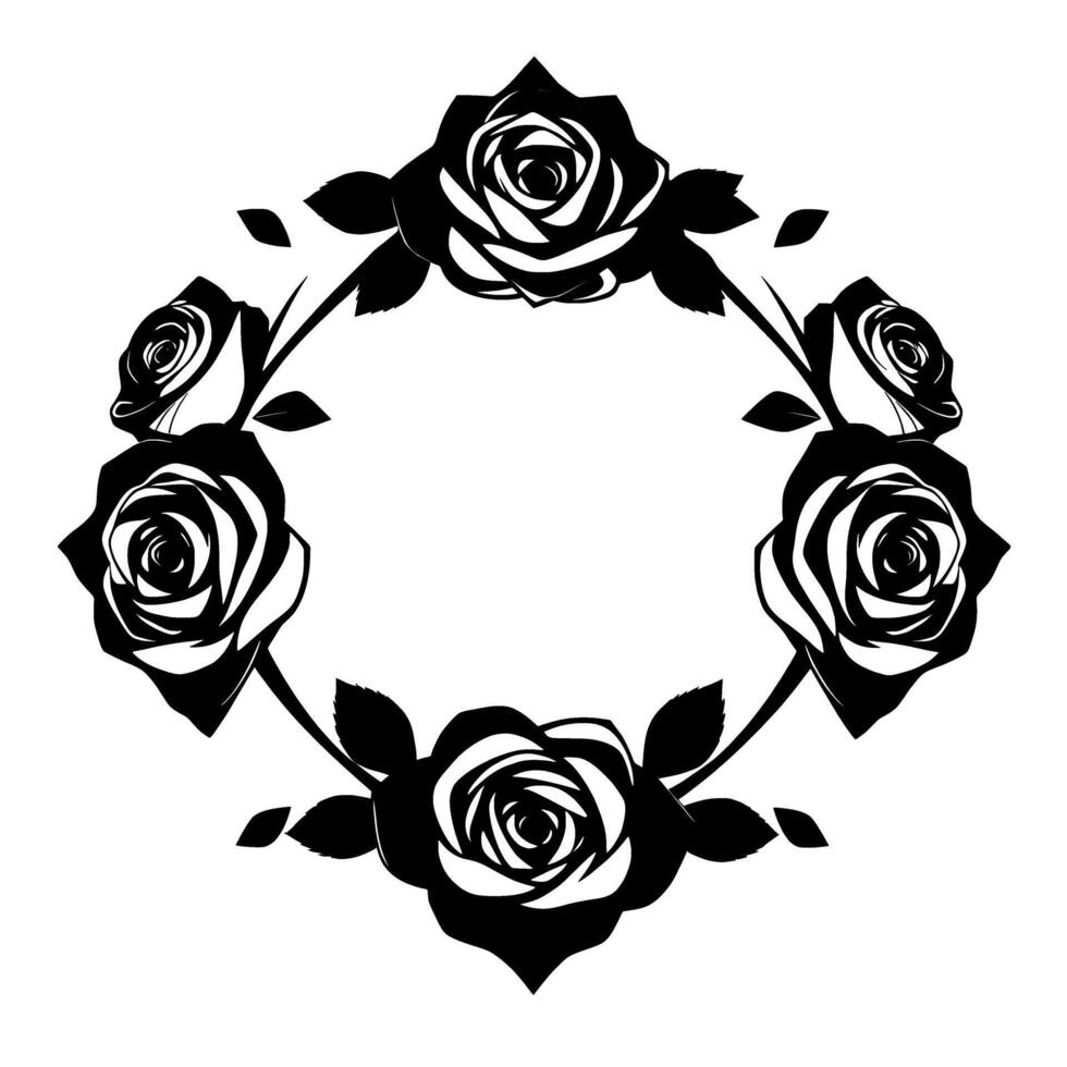 Elegant Monochrome Rose Frame. Black and White Floral Circle . Perfect for invitations cards and romantic projects. Classic vintage aesthetic. vector