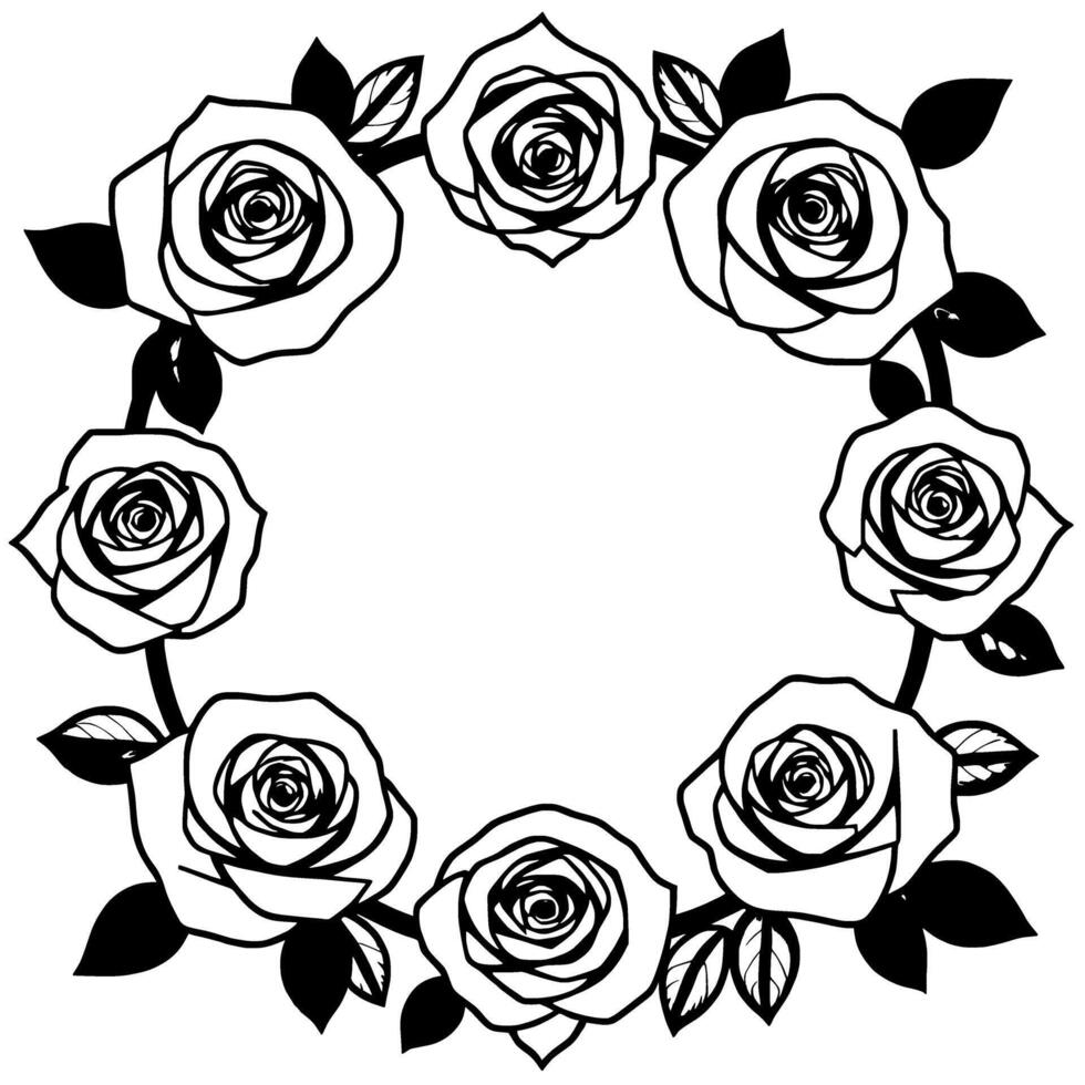 Elegant Black and White Rose Wreath. Circular Floral Frame Monochrome Botanical Illustration Classic Vintage Perfect for Wedding Invitations and Romantic Decor vector