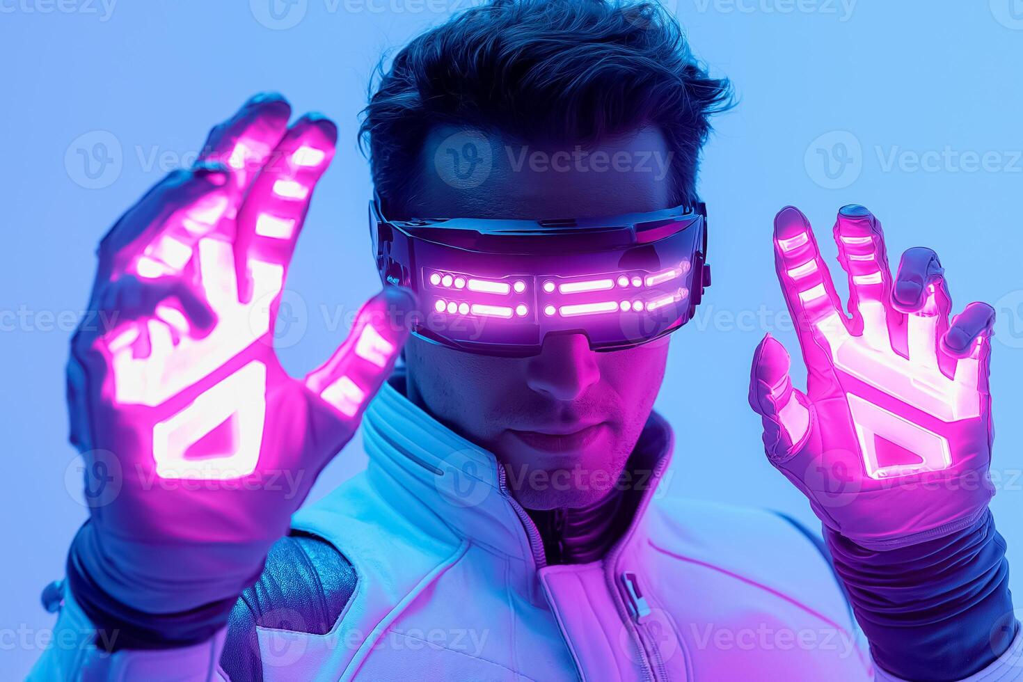 A man in a white suit with pink glowing gloves photo