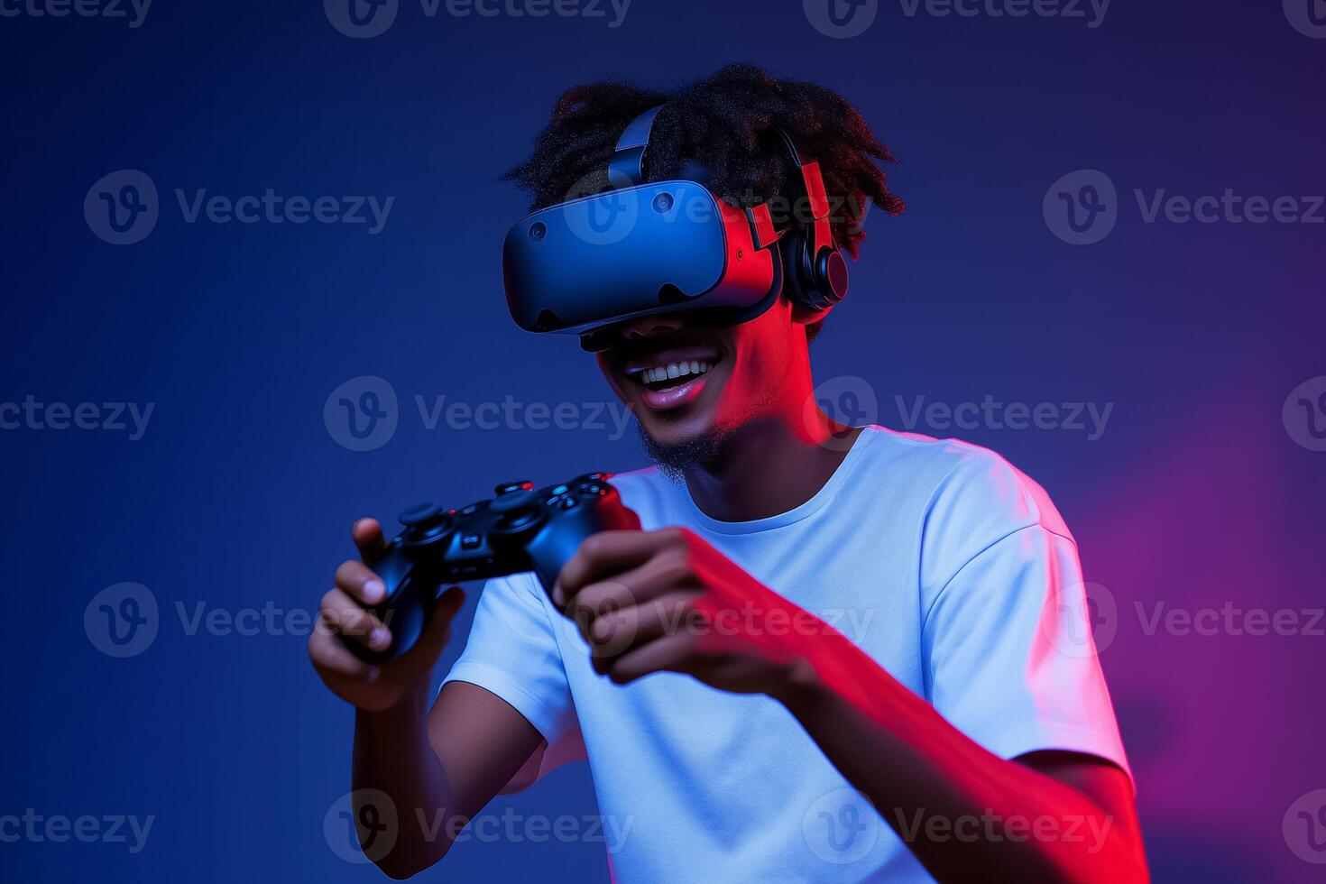 A man wearing a vr headset and holding a game controller photo