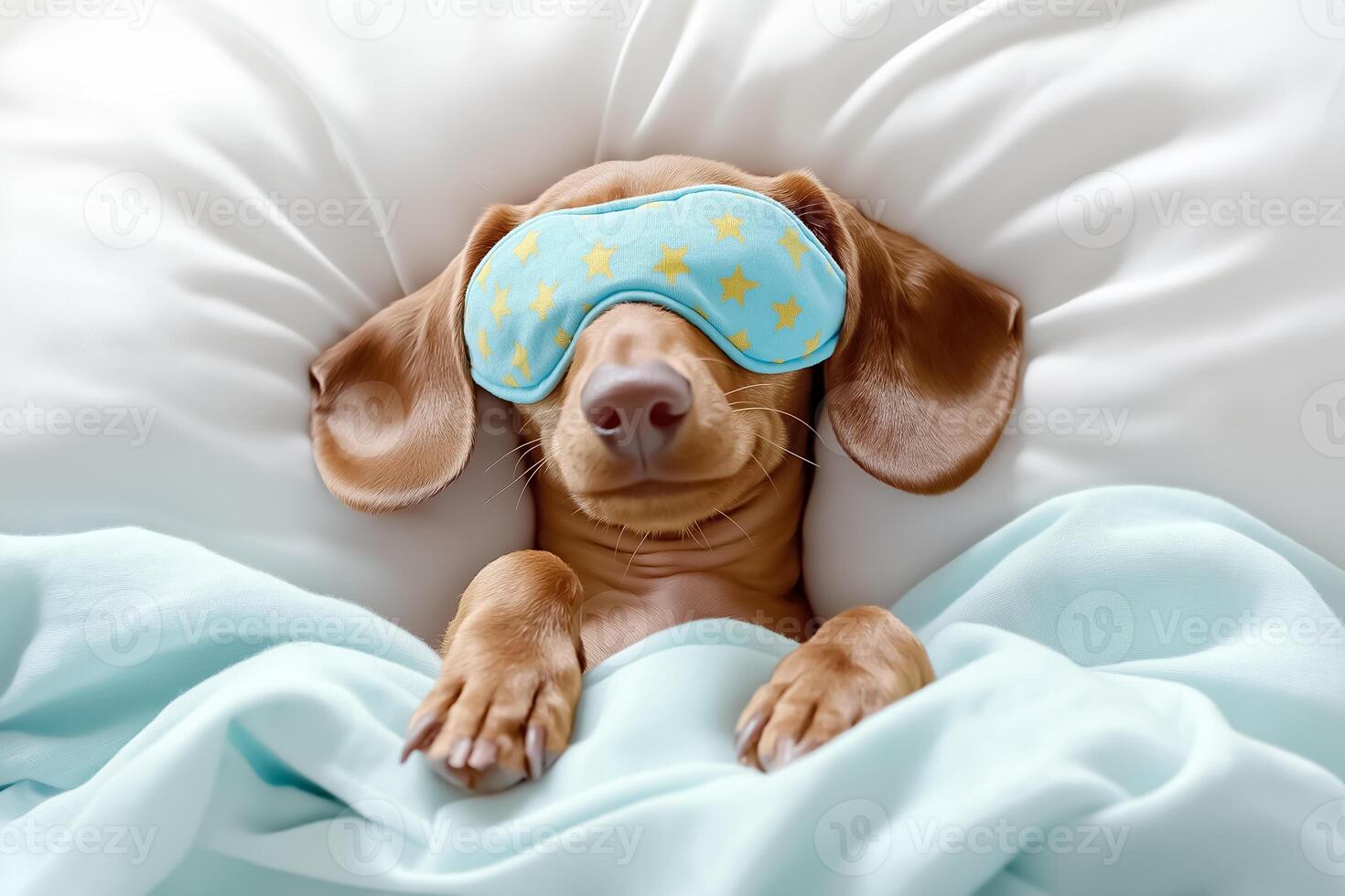A dog wearing a sleep mask in bed photo