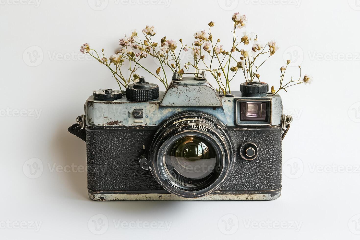 An old camera with flowers on a white background photo