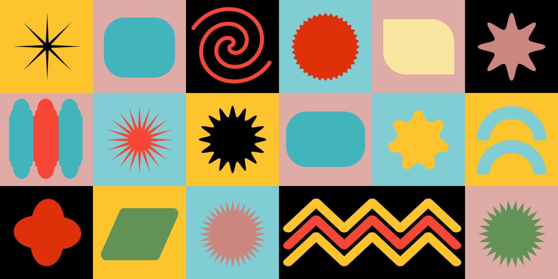 Abstract geometric background. Bauhaus Swiss pattern background, dynamic shapes and vibrant colors.with various shapes and colors vector