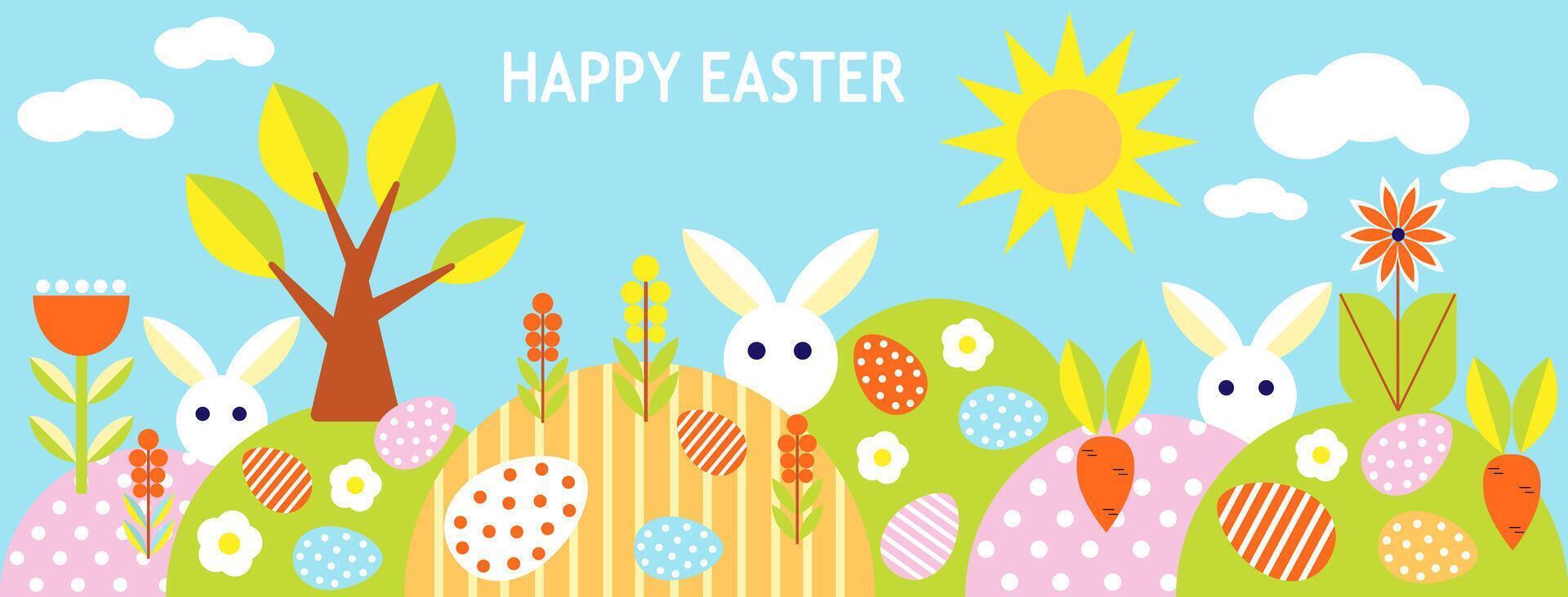 happy easter background with rabbits and flowers vector