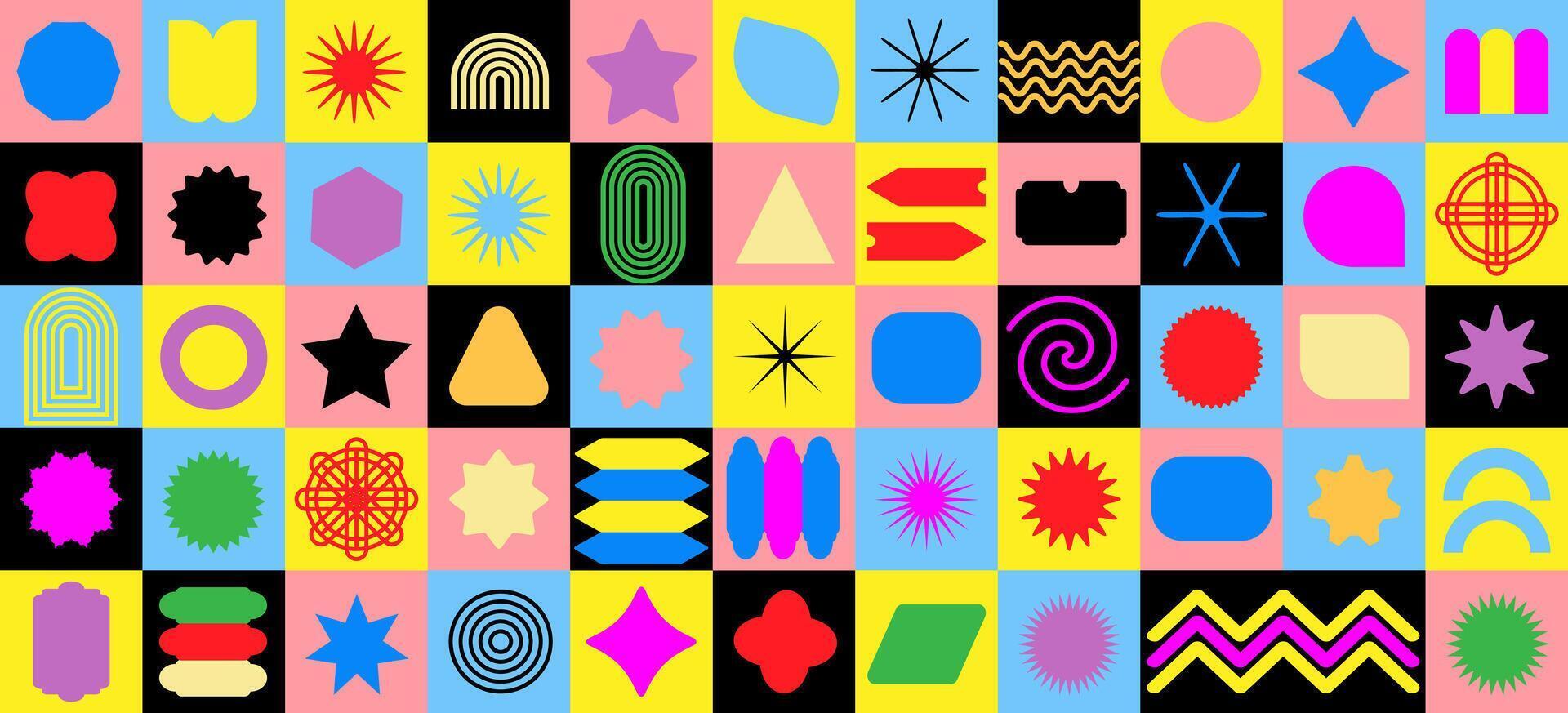 Abstract geometric background. Bauhaus Swiss pattern background, dynamic shapes and vibrant colors.a colorful pattern with many different shapes and designs vector