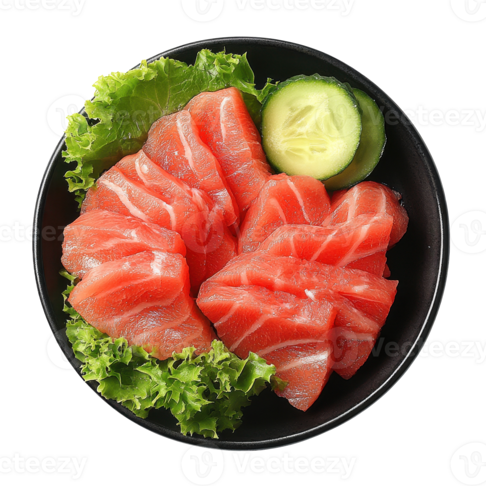 Fresh Tuna Sashimi Served With Greens and Cucumber Slices, on the transparent Background. Format png