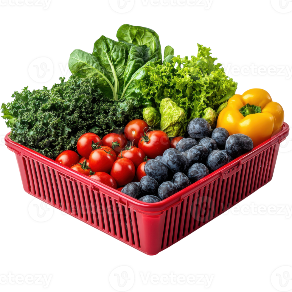 Colorful Harvest of Fresh Vegetables in a Red Basket, on the transparent Background. Format png