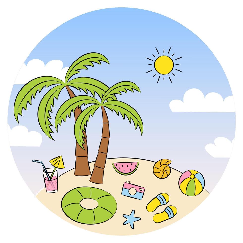 Summer card of palm tree with sun and leisure items against blue sky vector