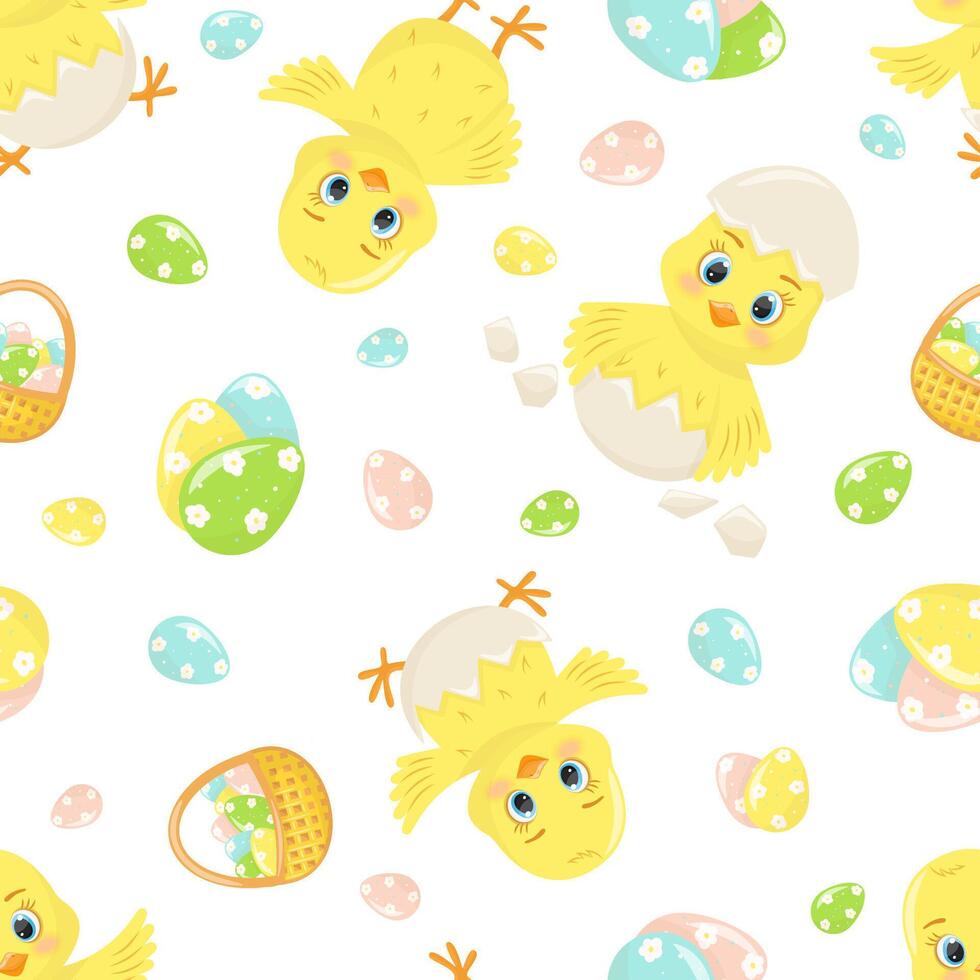 seamless pattern Colorful Easter chickens and eggs vector