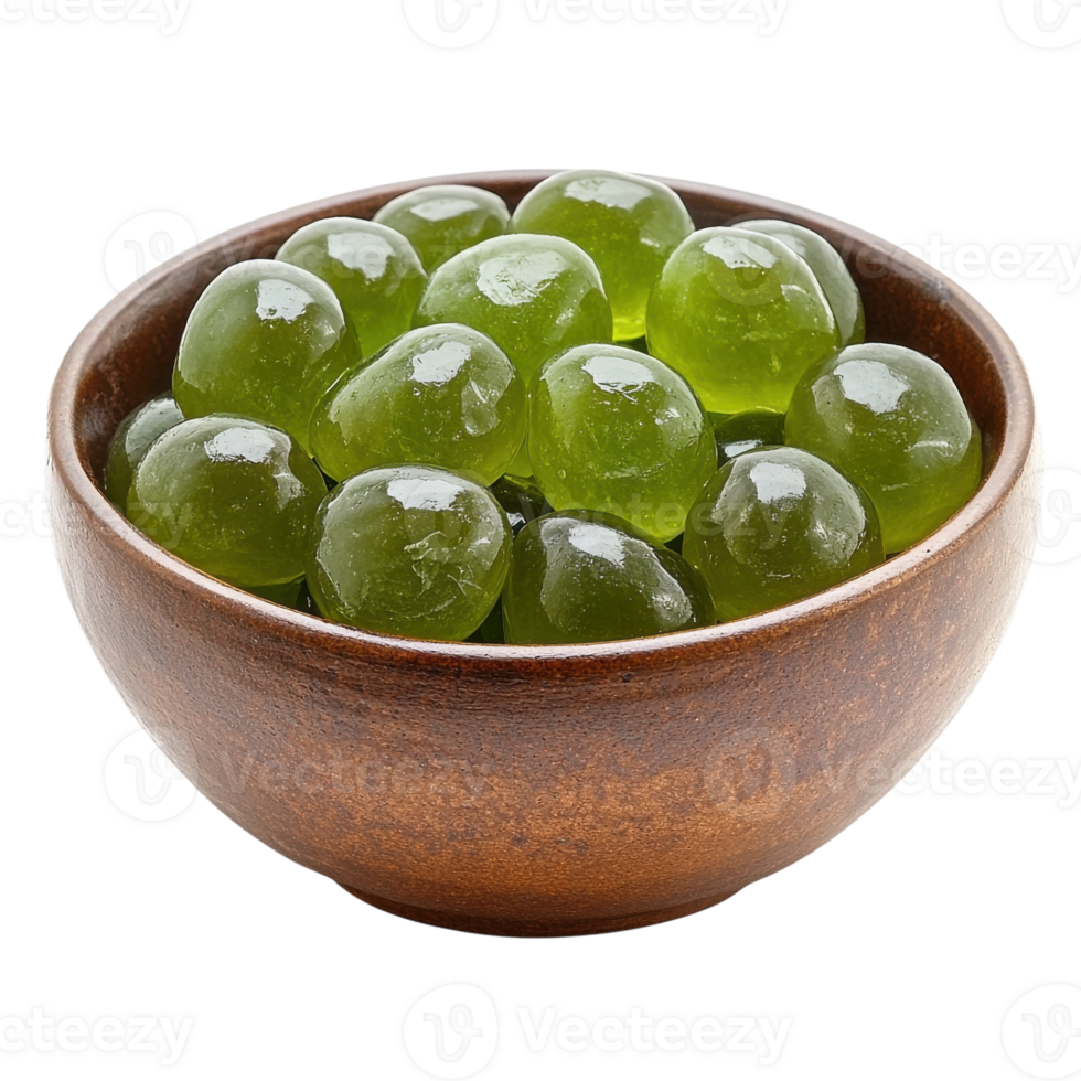 Joyful Green Jellies Gleaming in a Handcrafted Brown Bowl Inviting Sweetness and Delight, on the transparent background png