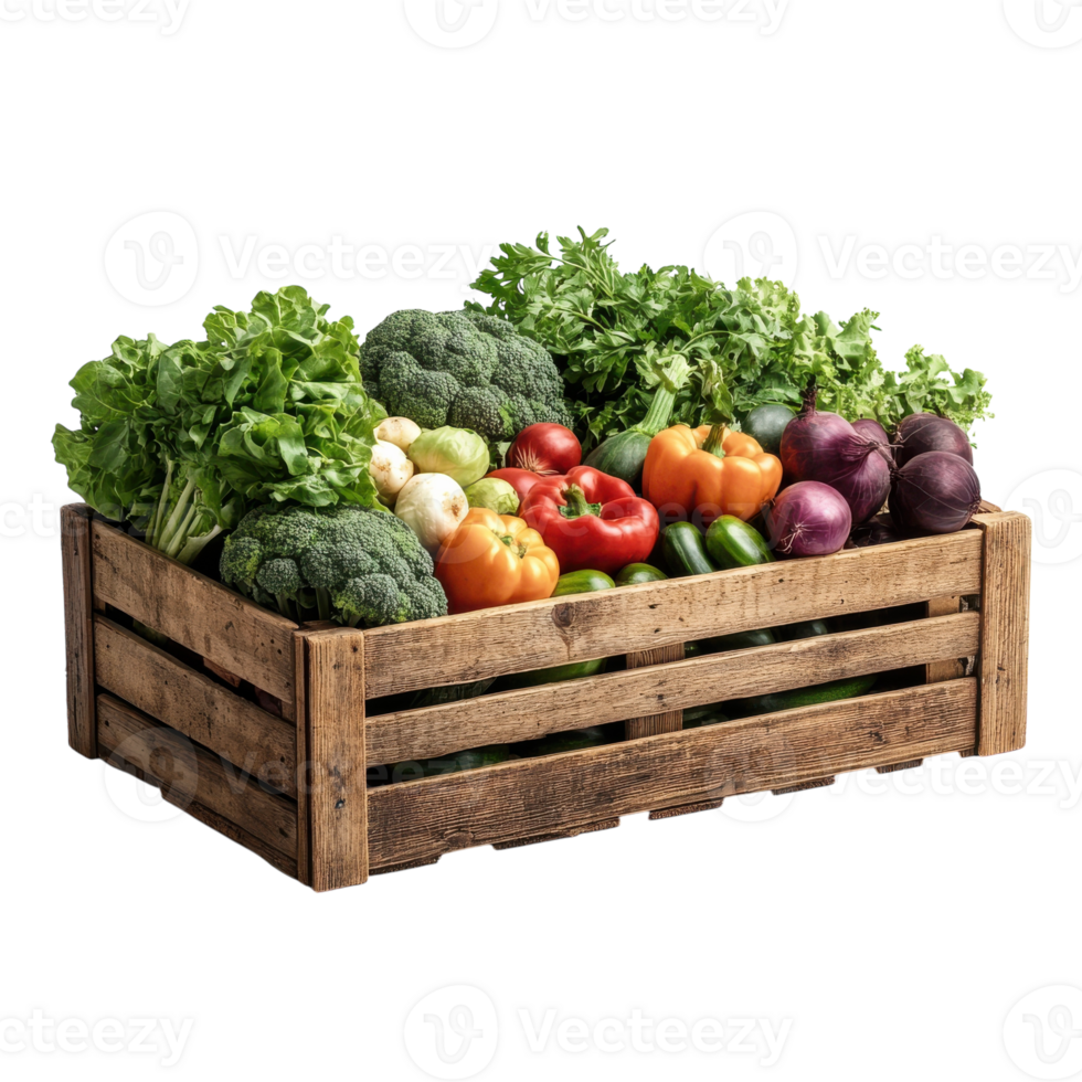 Fresh Vegetables in a Rustic Wooden Crate From a Farm, on the transparent Background. Format png
