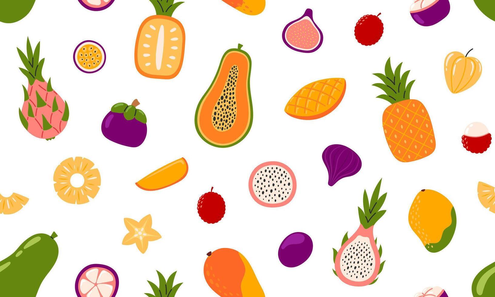 Exotic fruits seamless pattern. Tropical fruits and berries background design. Collection of organic vitamins and healthy nutrition. Flat illustration vector