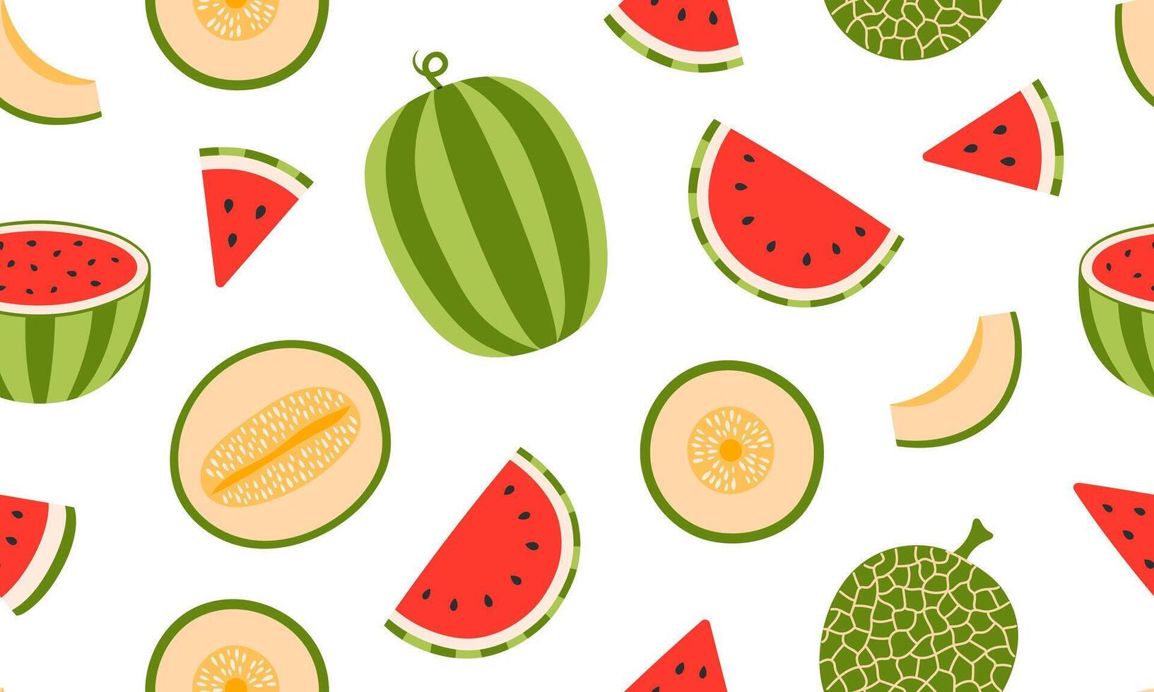 Watermelon and melon seamless pattern. Summer fruits background design. Collection of organic vitamins and healthy nutrition. Flat illustration vector