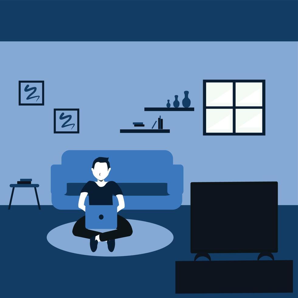 learning and watching a television, a young man casually sit on carpet in his favorite living room - two tone flat cartoons illustrations vector