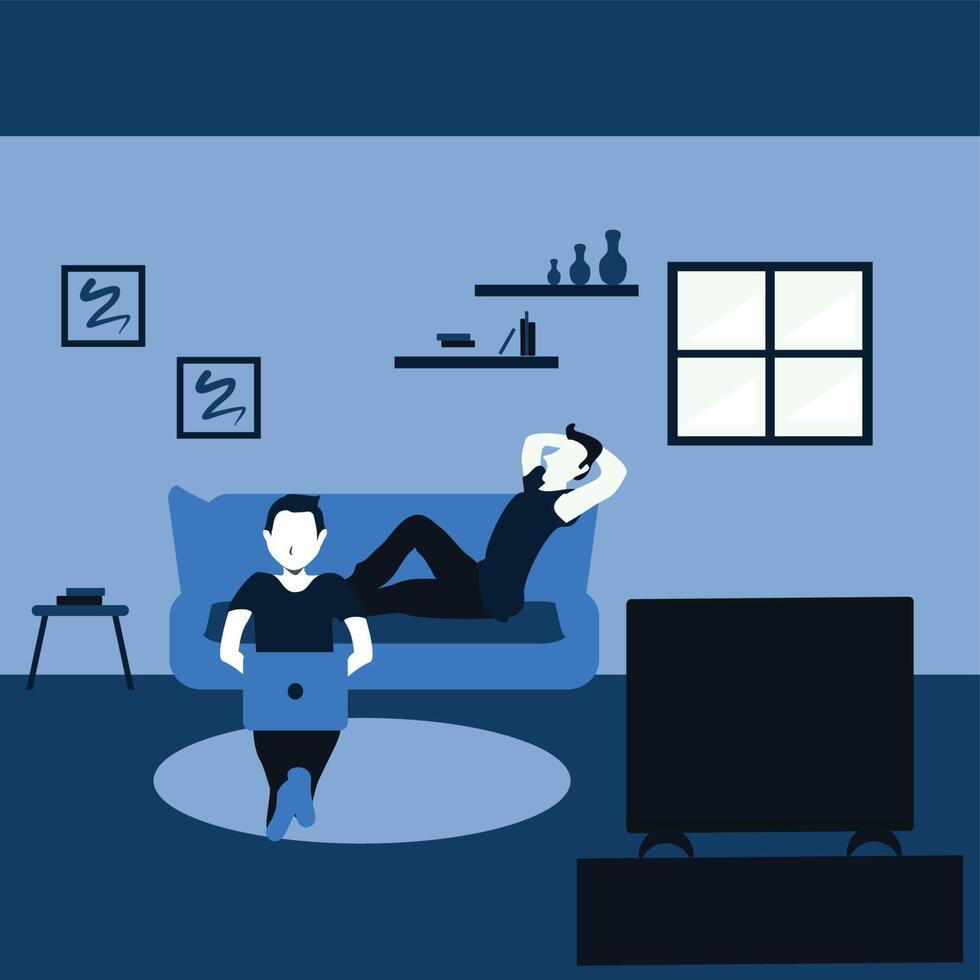 two man surfing internet with his laptop and watching television - two tone flat cartoons illustrations vector