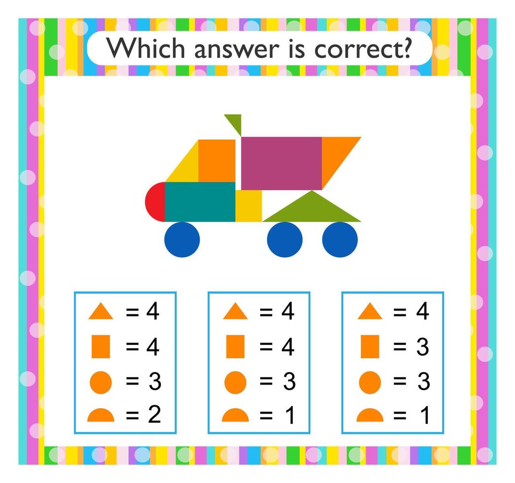 Math activity for kids. Find the correct answer. Cartoon dump truck. vector