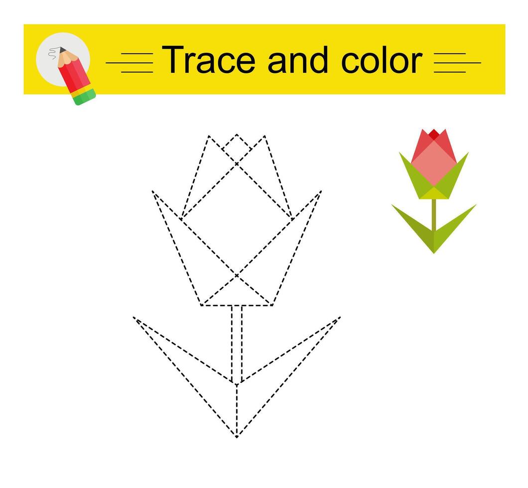 Trace and color for children. Preschool worksheet for practicing fine motor skills. Cartoon red flower. vector