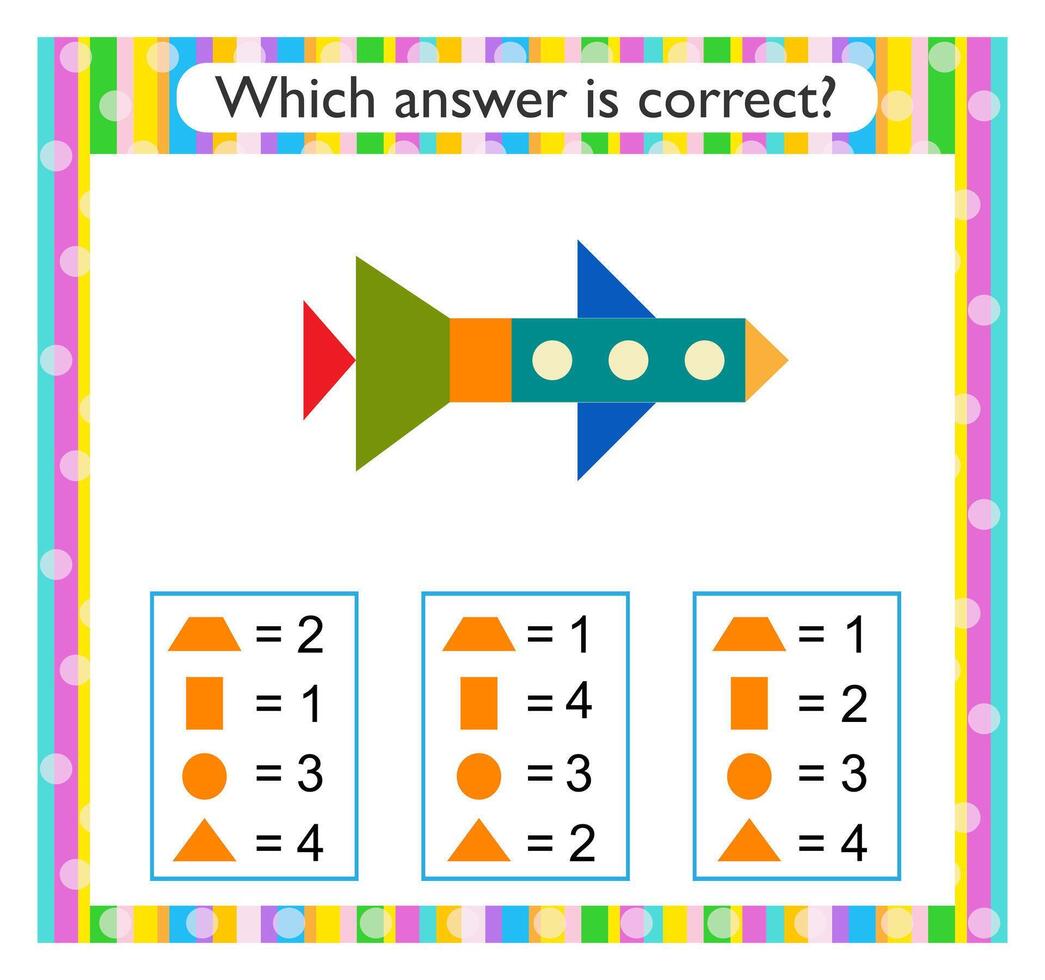 Math activity for kids. Find the correct answer. Cartoon rocket ship. vector