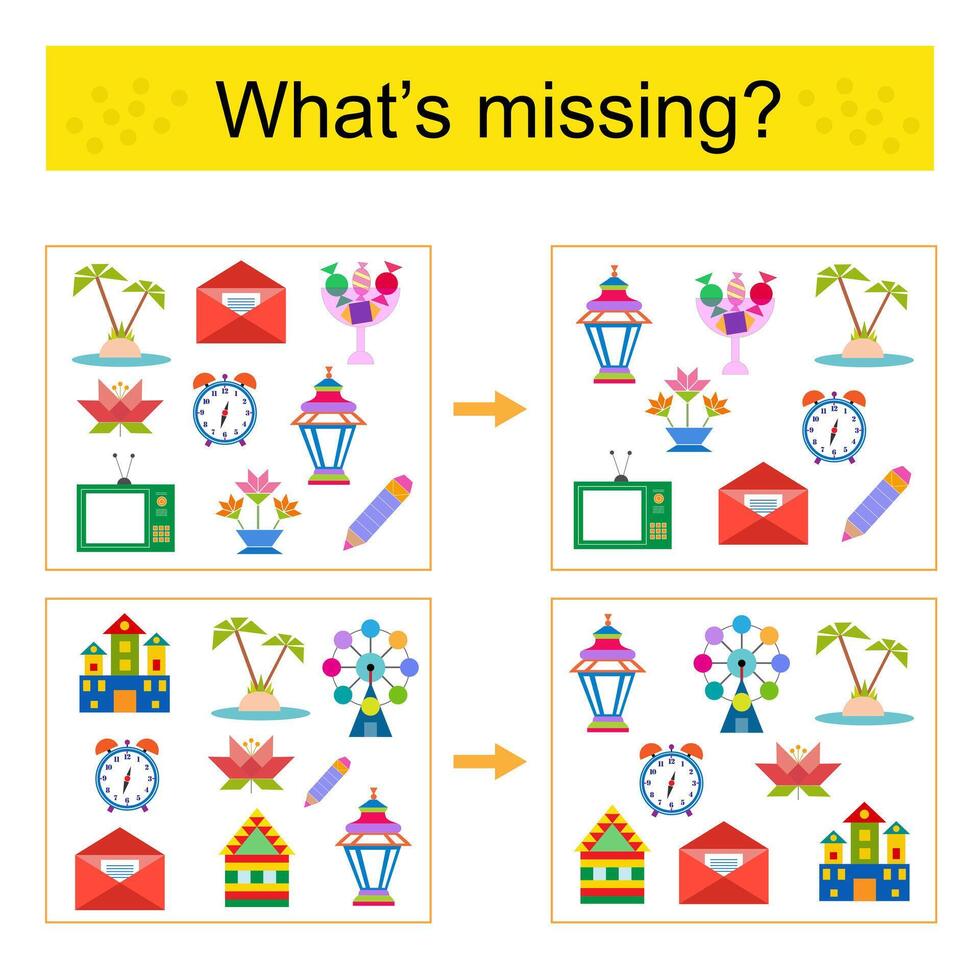 Puzzle game for kids. Task for the development of attention and logic. Find the missing objects. vector