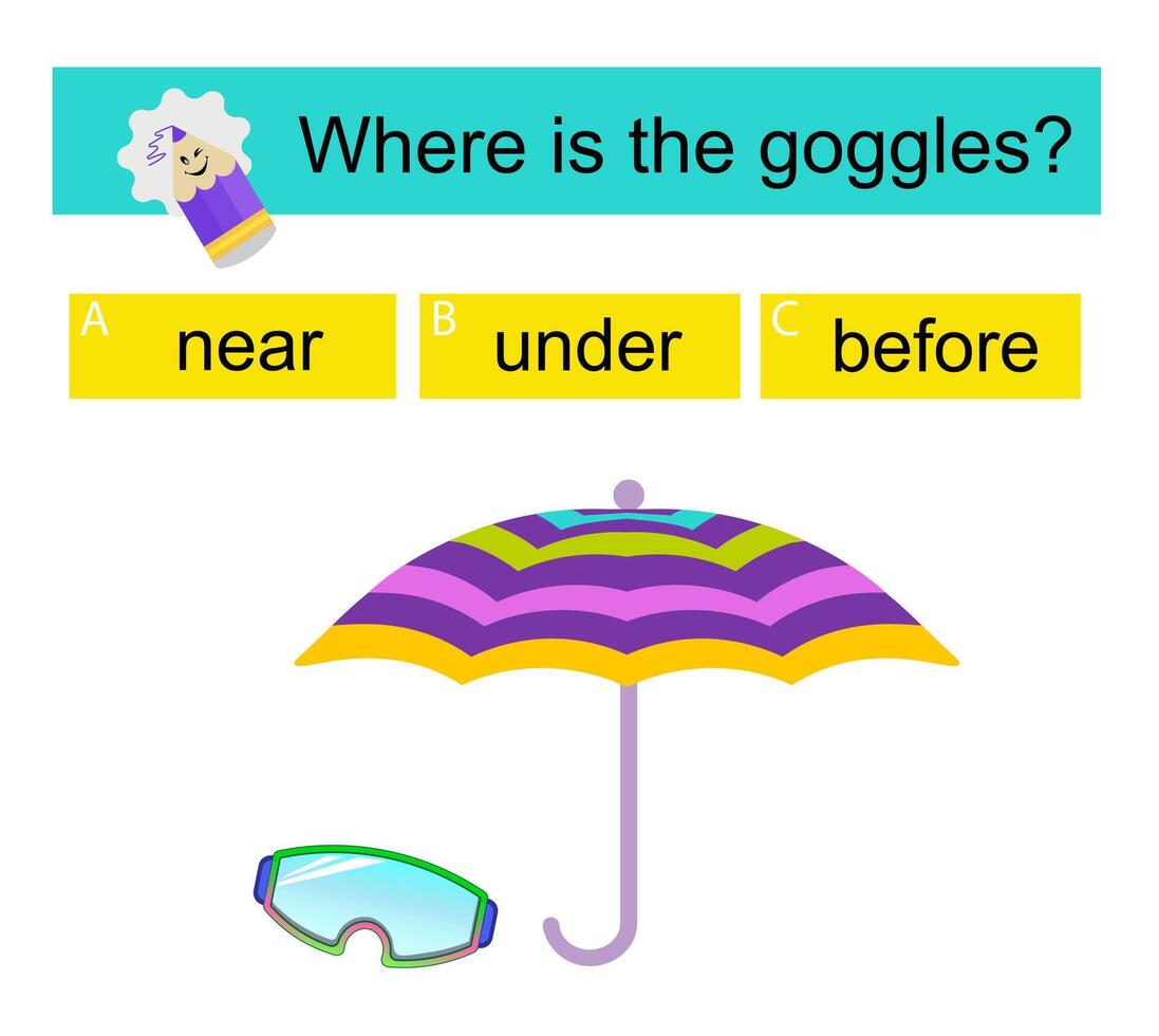 Educational material for kids. Learning prepositions. Where are the goggles vector