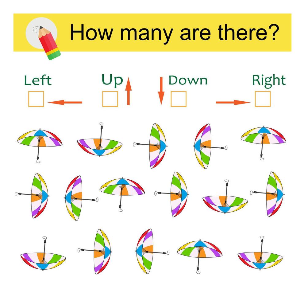 Left or Right. Logic game for kids. Count how many umbrellas are turned left and how many are turned right, also up and down. vector