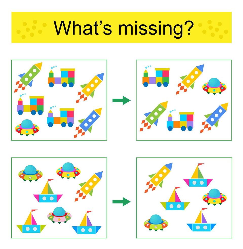 Puzzle game. Find the missing object. illustration of rocket, flying ...