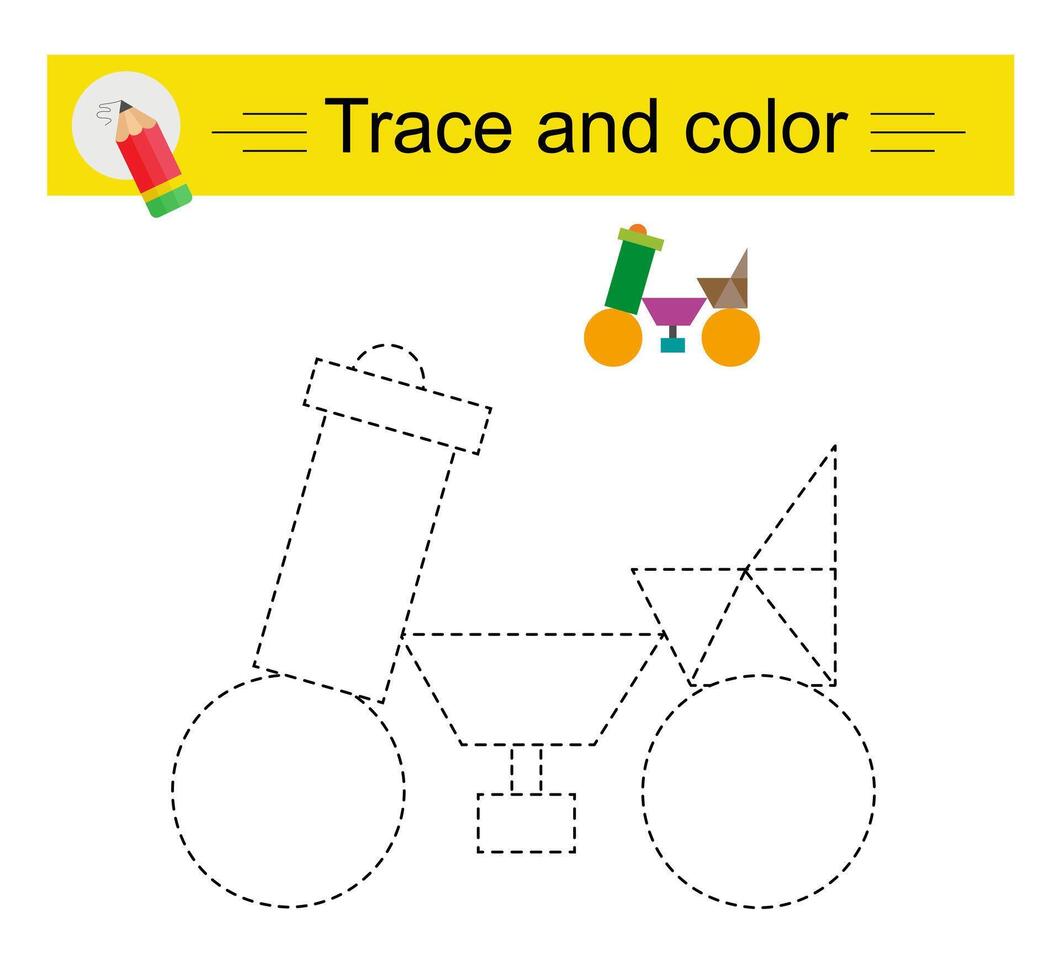 Trace and color for children. Preschool worksheet for practicing fine motor skills. Cartoon motorcycle. vector