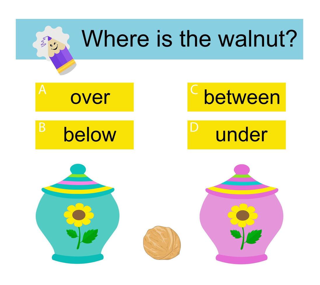 Educational material for kids. Learning prepositions. Where is the walnut vector