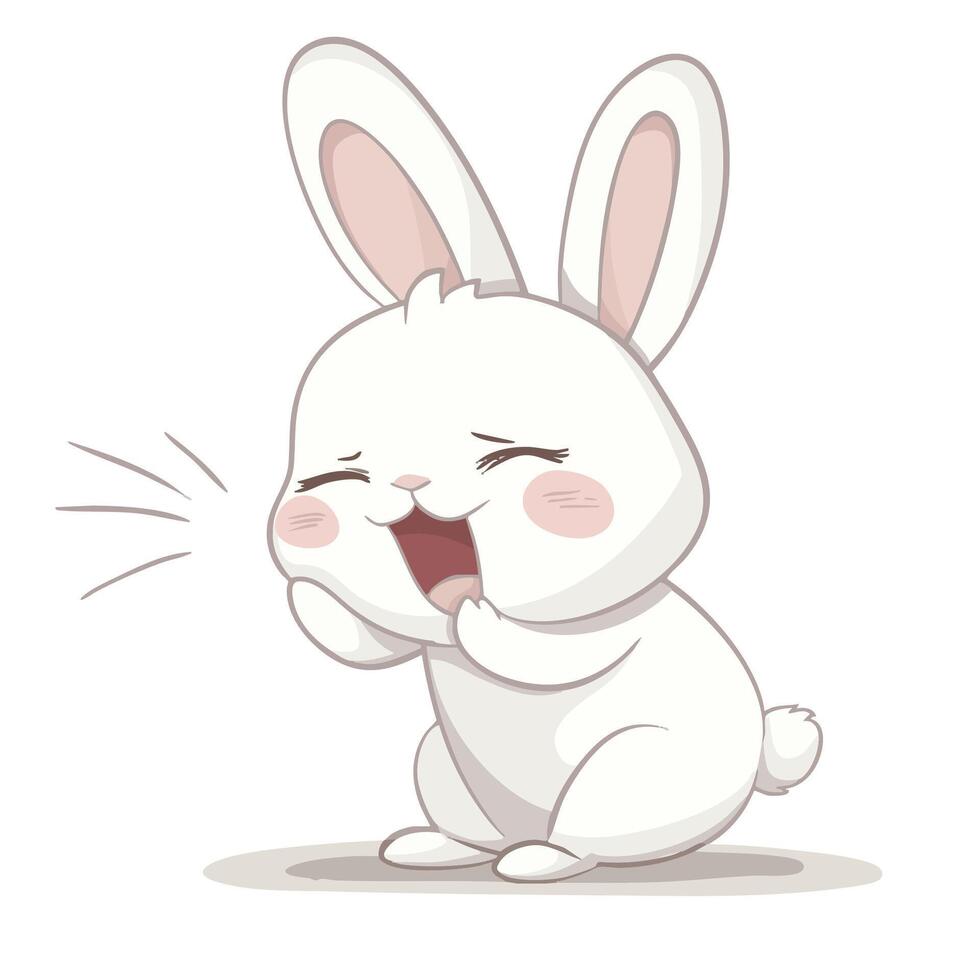 Cute white bunny character laughing joyfully, with big ears and fluffy tail, perfect for children illustrations or playful designs vector